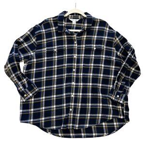 Old Navy Womens XL Boyfriend Shirt 100% Cotton Plaid Navy White